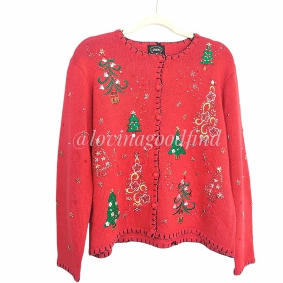 Designer Studios Original Christmas Tree Ugly Christmas Sweater Cardigan EUC L - Picture 11 of 11